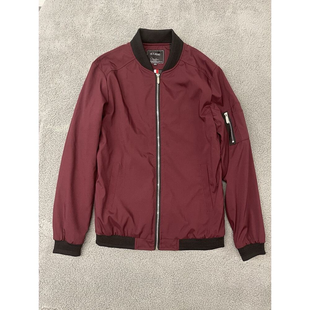 H.T. Niao Mens Lightweight Bomber Jacket 3XL Burgundy Black Zip Up Casual